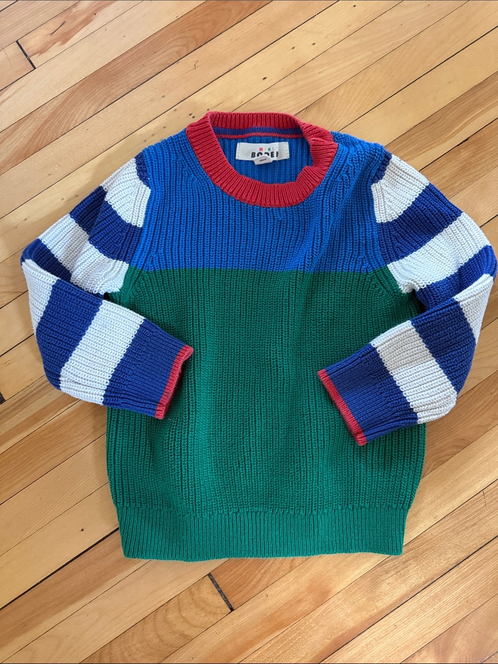 Mini Boden Colorblock Crewneck Sweater in Blue, Green & White